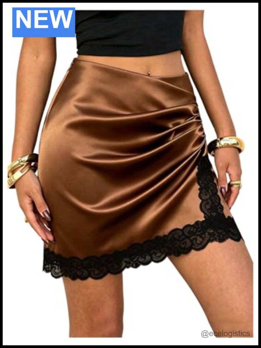 Lace Trim Satin Wrap Skirt Ruched Front High Waisted Mini A-Line